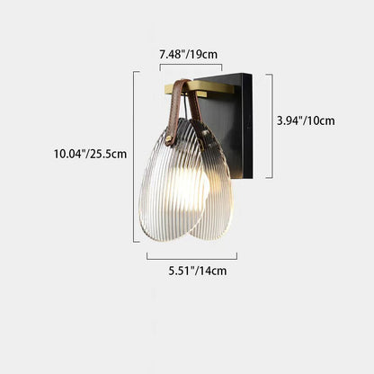 Contemporary Nordic Leather Vertical Striped Glass Round Shade 1-Light Wall Sconce Lamp For Bedroom