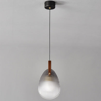 Contemporary Nordic Leather Vertical Striped Glass Round Shade 1-Light Pendant Light For Bedroom