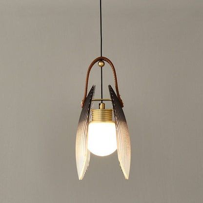 Contemporary Nordic Leather Vertical Striped Glass Round Shade 1-Light Pendant Light For Bedroom