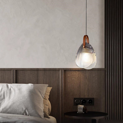 Contemporary Nordic Leather Vertical Striped Glass Round Shade 1-Light Pendant Light For Bedroom