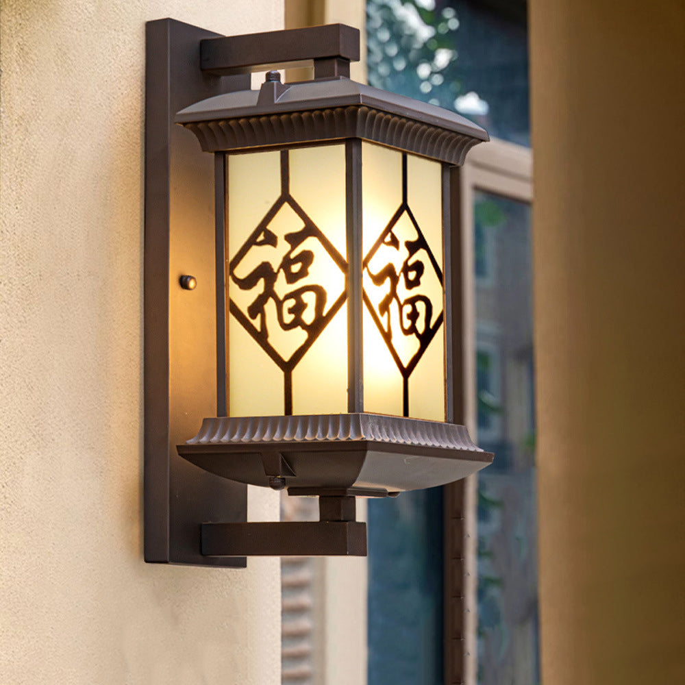 Traditional Chinese Aluminum Glass Column 1-Light Outdoor Wall Sconce Lamp For Garden
