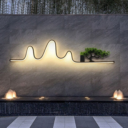 現代的でクリエイティブなアルミ製アークリニアPVC模造パインウッドLED防水屋外壁取り付け用燭台ランプ（ガーデン用）