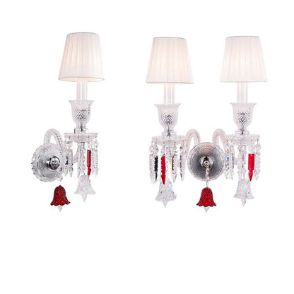Traditional European Glass Crystal Candlestick Fabric Shade 1/2-Light Wall Sconce Lamp For Living Room