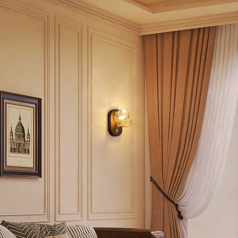 مصباح حائطي تقليدي ياباني مصنوع من خشب الدردار بتصميم مكعبات الثلج، مزود بغطاء زجاجي، ومصباح واحد لغرفة المعيشة 