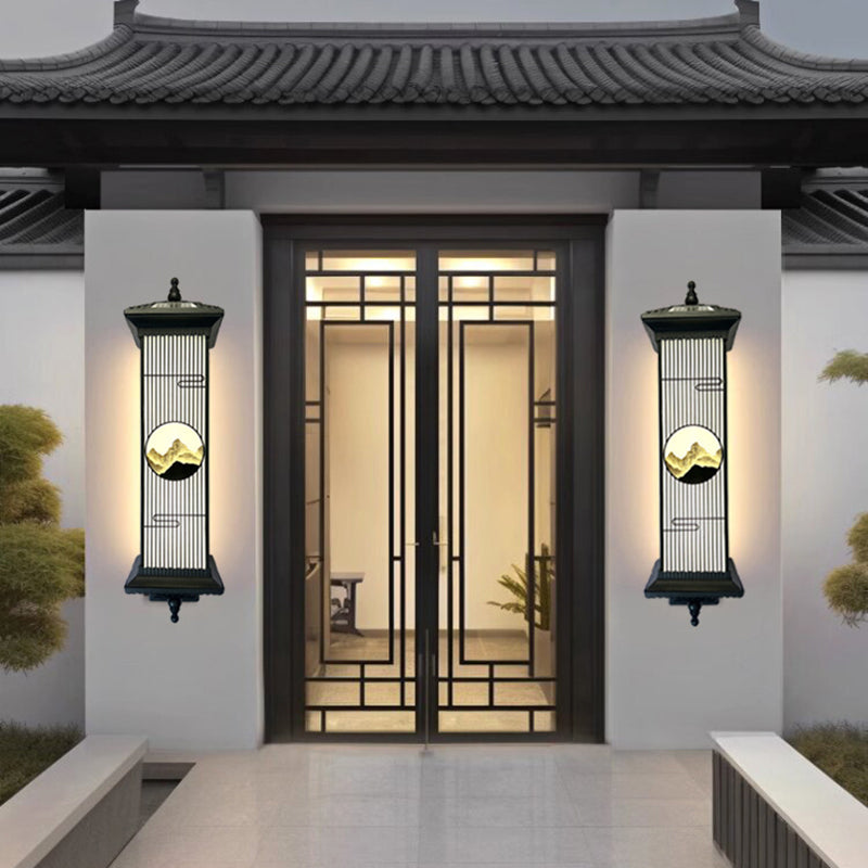 Traditional Chinese Aluminum Glass Rectangular LED Solar Waterproof Outdoor Wall Sconce Lamp For Garden