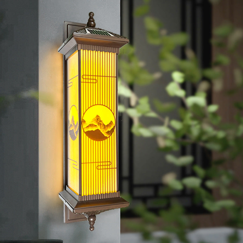 Traditional Chinese Aluminum Glass Rectangular LED Solar Waterproof Outdoor Wall Sconce Lamp For Garden