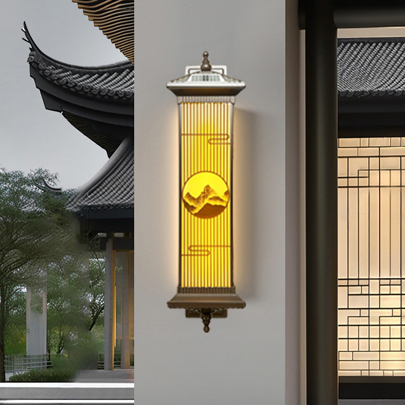 Traditional Chinese Aluminum Glass Rectangular LED Solar Waterproof Outdoor Wall Sconce Lamp For Garden