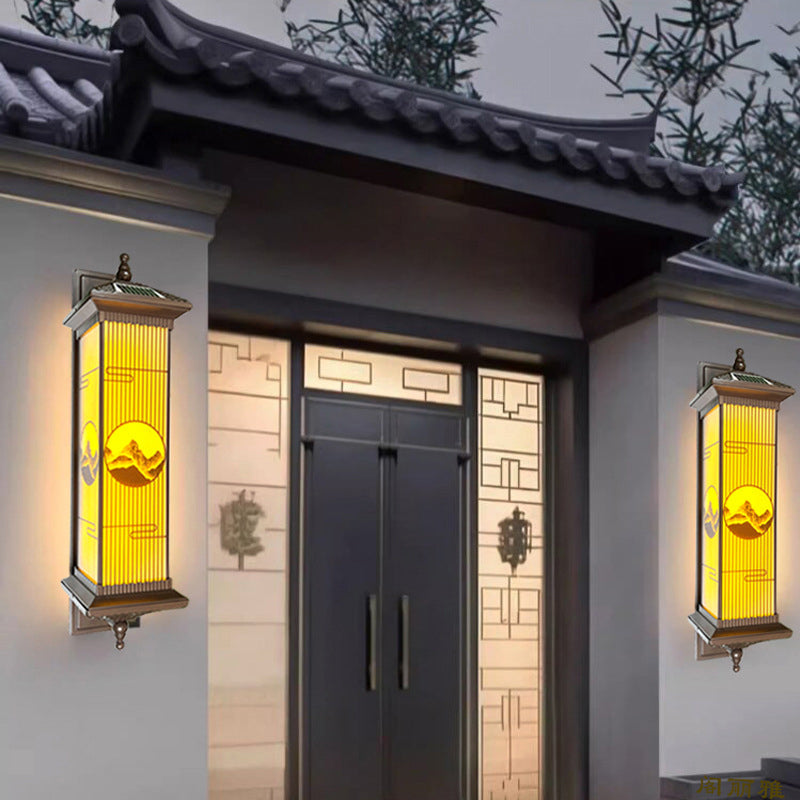 Traditional Chinese Aluminum Glass Rectangular LED Solar Waterproof Outdoor Wall Sconce Lamp For Garden