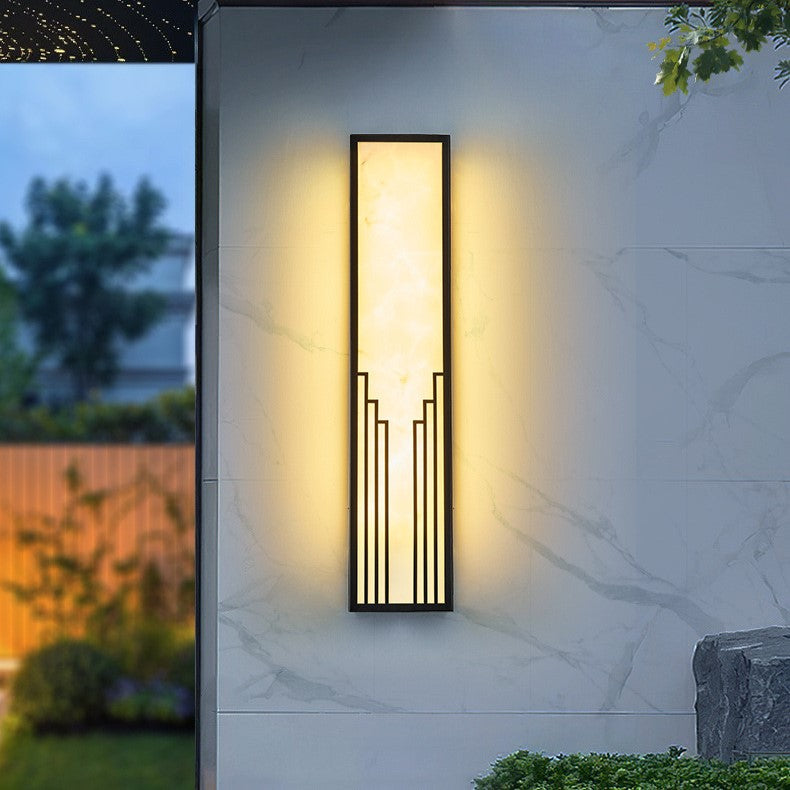 Traditional Chinese Stainless Steel Rectangular Imitation Marble Shade LED Outdoor Wall Sconce Lamp For Garden