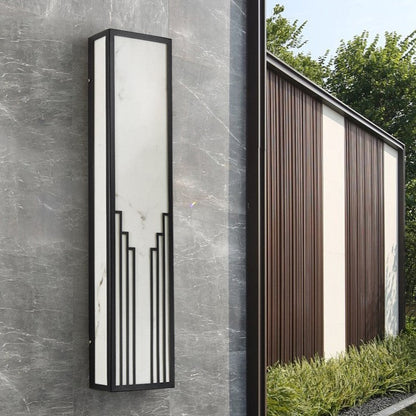 Traditional Chinese Stainless Steel Rectangular Imitation Marble Shade LED Outdoor Wall Sconce Lamp For Garden