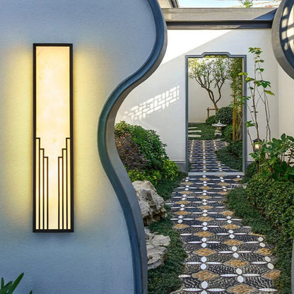Traditional Chinese Stainless Steel Rectangular Imitation Marble Shade LED Outdoor Wall Sconce Lamp For Garden