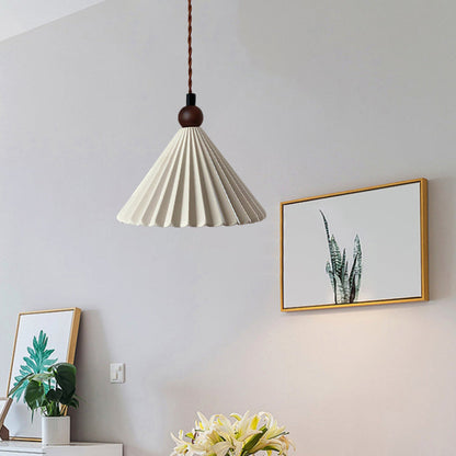 Contemporary Retro Solid Wood Pleated Ceramic Conical Shade 1-Light Pendant Light For Bedroom