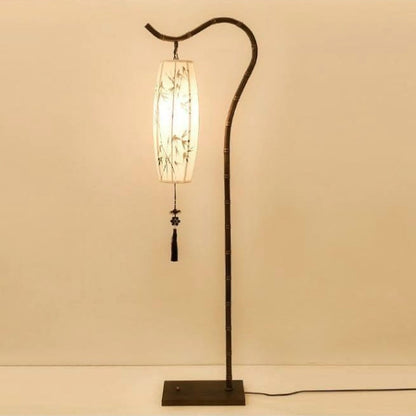 Traditional Chinese Arc Iron Fabric Bamboo Lantern Shade 1-Light Standing Floor Lamp For Study