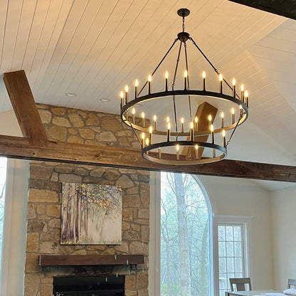 Traditional Farmhouse Iron Circle Ring Glass 20/36-Light Chandelier For Dining Room