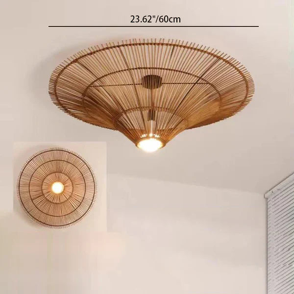 Traditional Japanese Rattan Weaving Hat 1-Light Semi-Flush Mount Ceiling Light For Living Room