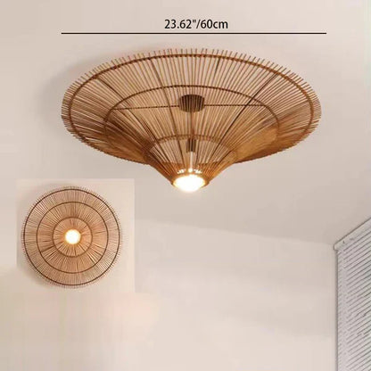Traditional Japanese Rattan Weaving Hat 1-Light Semi-Flush Mount Ceiling Light For Living Room