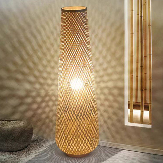 Traditional Japanese Bamboo Weaving Hollow Column 1-Light Standing Floor Lamp For Dining Room