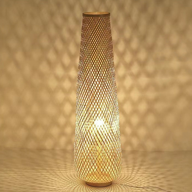 Traditional Japanese Bamboo Weaving Hollow Column 1-Light Standing Floor Lamp For Dining Room