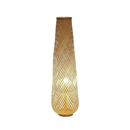 Traditional Japanese Bamboo Weaving Hollow Column 1-Light Standing Floor Lamp For Dining Room