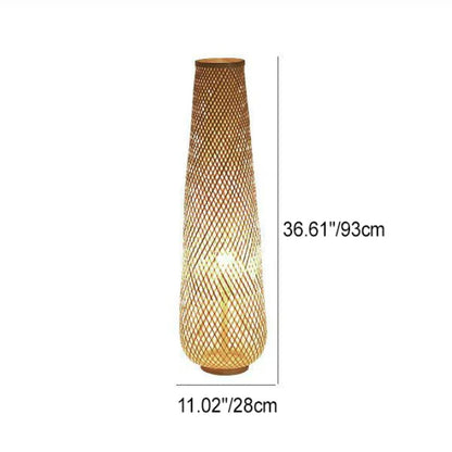 Traditional Japanese Bamboo Weaving Hollow Column 1-Light Standing Floor Lamp For Dining Room