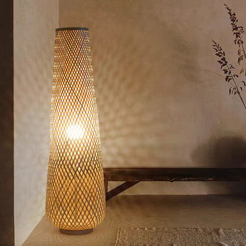 Traditional Japanese Bamboo Weaving Hollow Column 1-Light Standing Floor Lamp For Dining Room