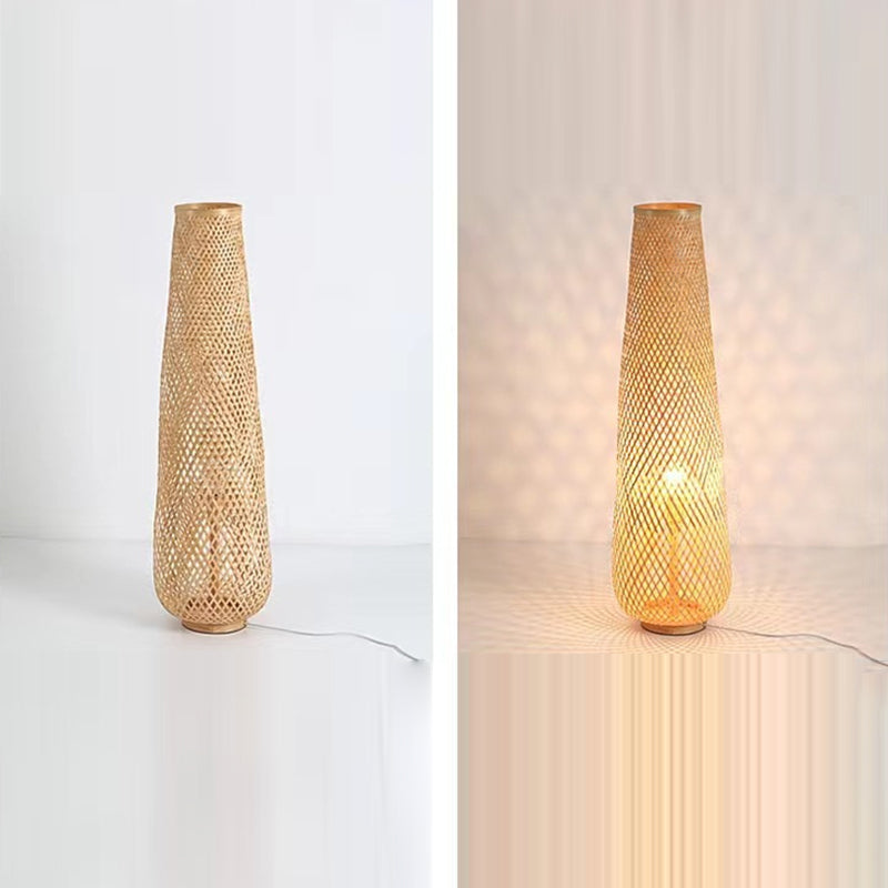 Traditional Japanese Bamboo Weaving Hollow Column 1-Light Standing Floor Lamp For Dining Room