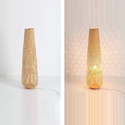 Traditional Japanese Bamboo Weaving Hollow Column 1-Light Standing Floor Lamp For Dining Room