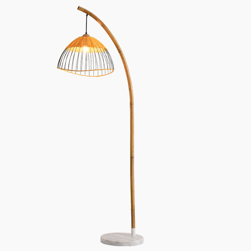 Traditional Vintage Bamboo Weaving Dome Shade Marble 1-Light Standing Floor Lamp For Study