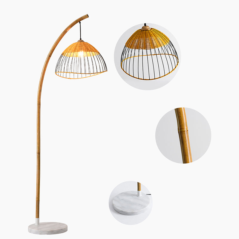 Traditional Vintage Bamboo Weaving Dome Shade Marble 1-Light Standing Floor Lamp For Study