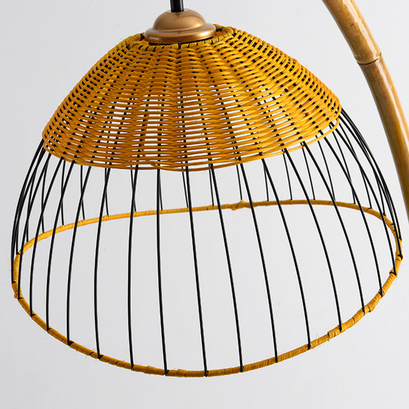 Traditional Vintage Bamboo Weaving Dome Shade Marble 1-Light Standing Floor Lamp For Study