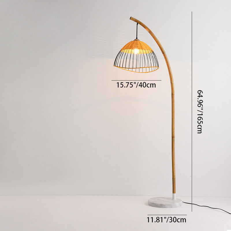 Traditional Vintage Bamboo Weaving Dome Shade Marble 1-Light Standing Floor Lamp For Study