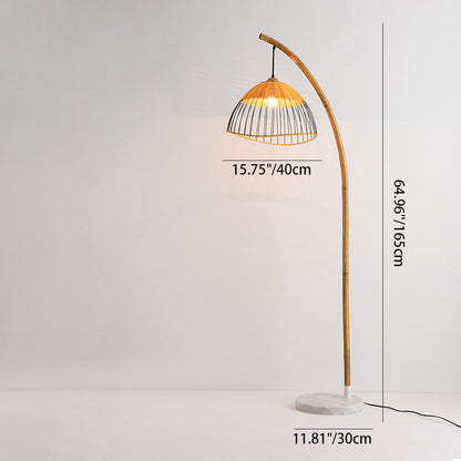 Traditional Vintage Bamboo Weaving Dome Shade Marble 1-Light Standing Floor Lamp For Study