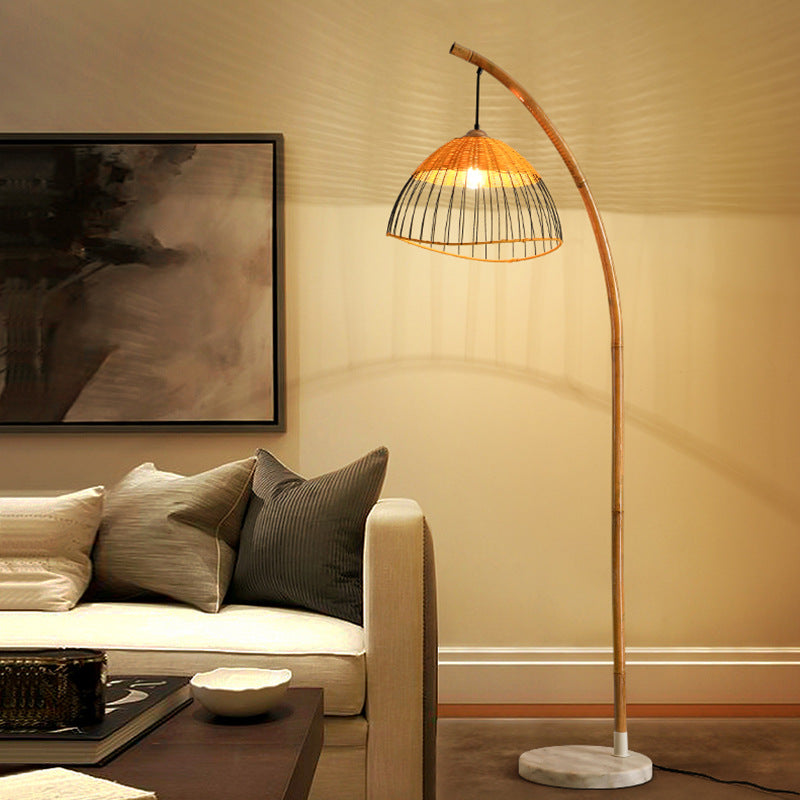 Traditional Vintage Bamboo Weaving Dome Shade Marble 1-Light Standing Floor Lamp For Study
