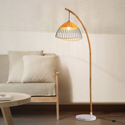 Traditional Vintage Bamboo Weaving Dome Shade Marble 1-Light Standing Floor Lamp For Study