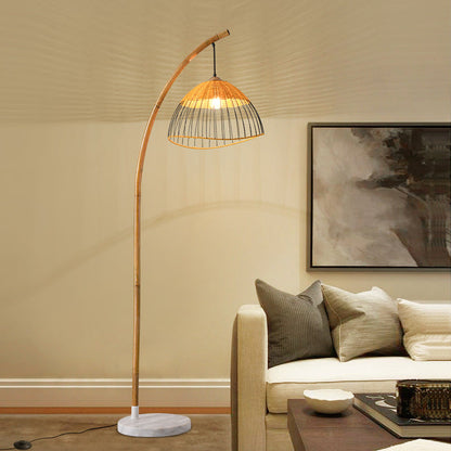 Traditional Vintage Bamboo Weaving Dome Shade Marble 1-Light Standing Floor Lamp For Study