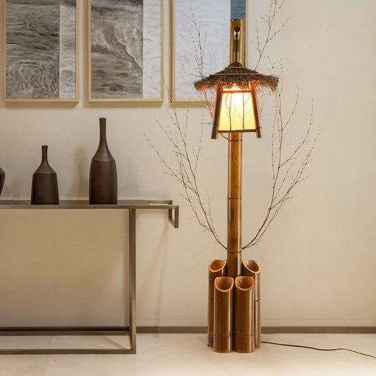 Contemporary Creative Thatched Cottage Shade Bamboo Tube Base 1-Light Standing Floor Lamp For Dining Room