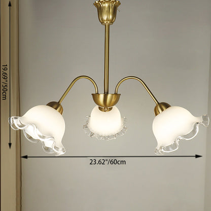 Contemporary Luxury Full Copper Flower Glass Shade 3-Light Chandelier For Living Room