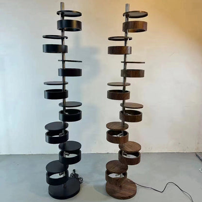 Traditional French Ash Wood Circle Ring Stacking Stainless Steel 8-Light Standing Floor Lamp For Home Office
