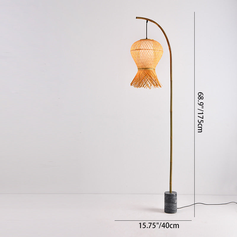 Traditional Vintage Bamboo Weaving Round Marble Base 1-Light Standing Floor Lamp For Dining Room