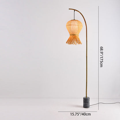 Traditional Vintage Bamboo Weaving Round Marble Base 1-Light Standing Floor Lamp For Dining Room