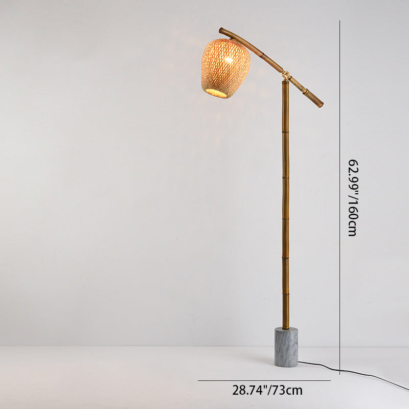 Traditional Vintage Bamboo Weaving Round Marble Base 1-Light Standing Floor Lamp For Dining Room