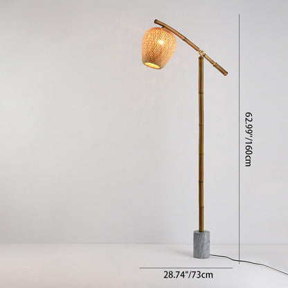 Traditional Vintage Bamboo Weaving Round Marble Base 1-Light Standing Floor Lamp For Dining Room