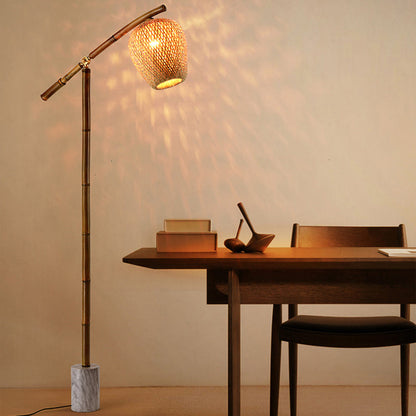 Traditional Vintage Bamboo Weaving Round Marble Base 1-Light Standing Floor Lamp For Dining Room