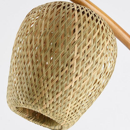 Traditional Vintage Bamboo Weaving Round Marble Base 1-Light Standing Floor Lamp For Dining Room