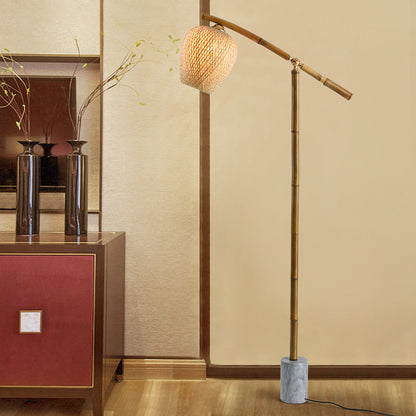 Traditional Vintage Bamboo Weaving Round Marble Base 1-Light Standing Floor Lamp For Dining Room