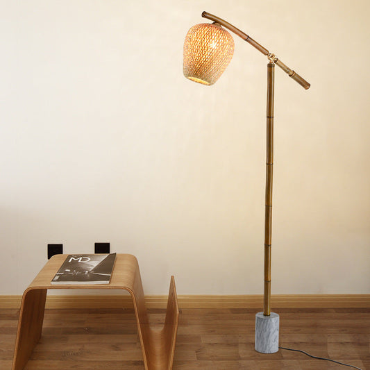 Traditional Vintage Bamboo Weaving Round Marble Base 1-Light Standing Floor Lamp For Dining Room