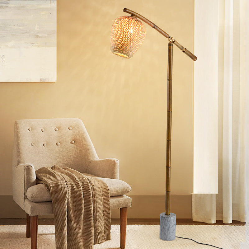 Traditional Vintage Bamboo Weaving Round Marble Base 1-Light Standing Floor Lamp For Dining Room