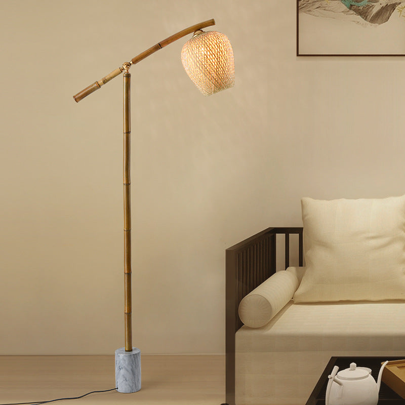 Traditional Vintage Bamboo Weaving Round Marble Base 1-Light Standing Floor Lamp For Dining Room