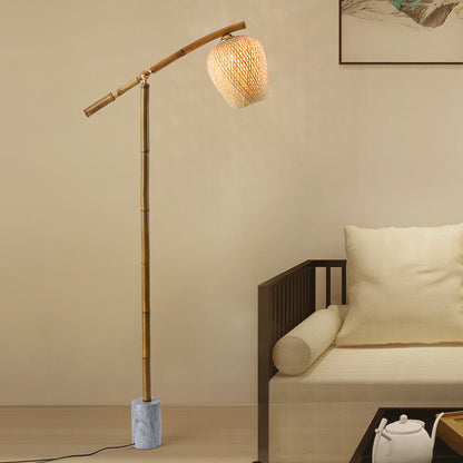 Traditional Vintage Bamboo Weaving Round Marble Base 1-Light Standing Floor Lamp For Dining Room