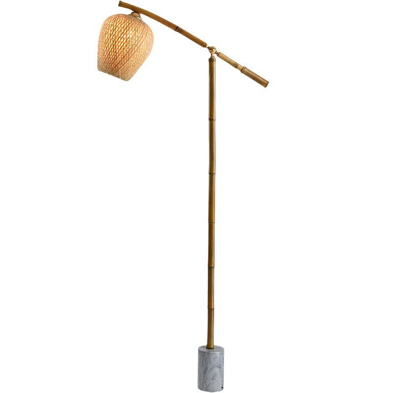 Traditional Vintage Bamboo Weaving Round Marble Base 1-Light Standing Floor Lamp For Dining Room